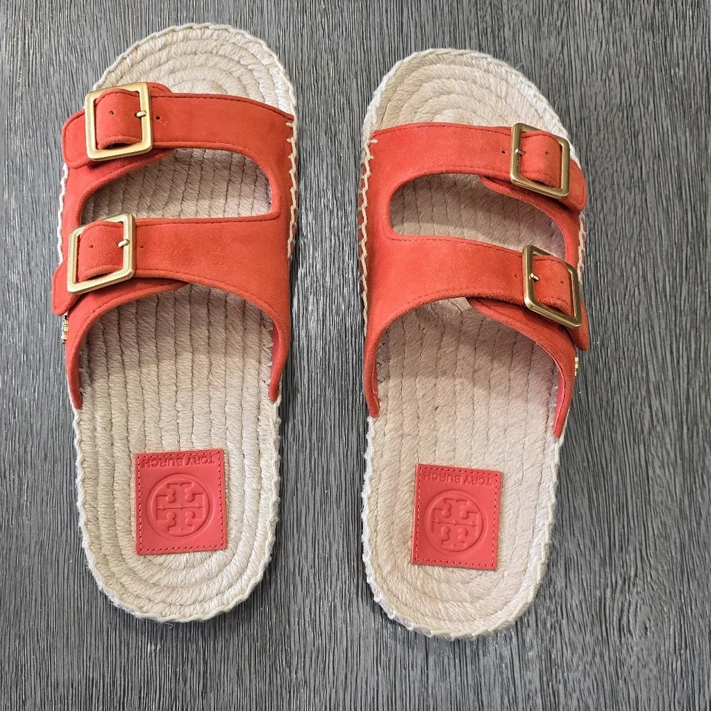 Tory Burch Selby Two Band Suede Leather Espadrille Flat Slide Bright Samba 6.5